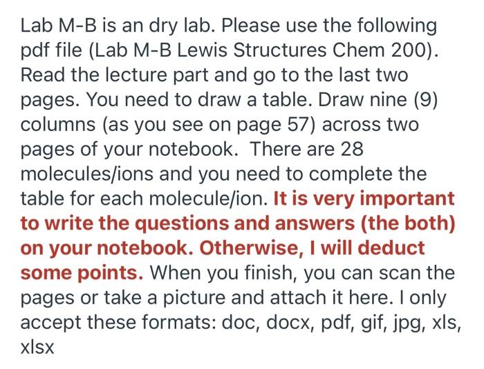Lab M B Is An Dry Lab Please Use The Following Pdf File Lab M B Lewis Structures Chem 200 Read The Lecture Part And 1