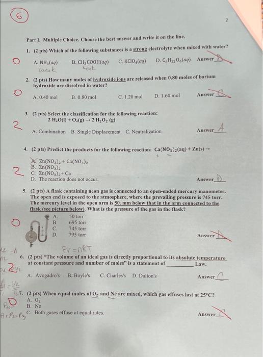 6 Part I Multiple Choice Choose The Best Answer And Write It On The Line 1 2 Pts Which Of The Following Substances 1