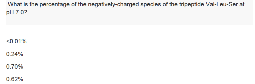 What Is The Percentage Of The Negatively Charged Species Of The Tripeptide Val Leu Ser At Ph 7 0 0 01 0 24 0 70 0 6 1