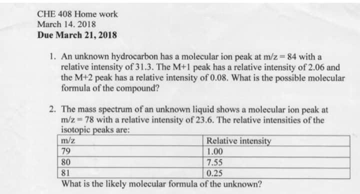 Che 408 Home Work March 14 2018 Due March 21 2018 1 An Unknown Hydrocarbon Has A Molecular Ion Peak At M Z 84 With 1