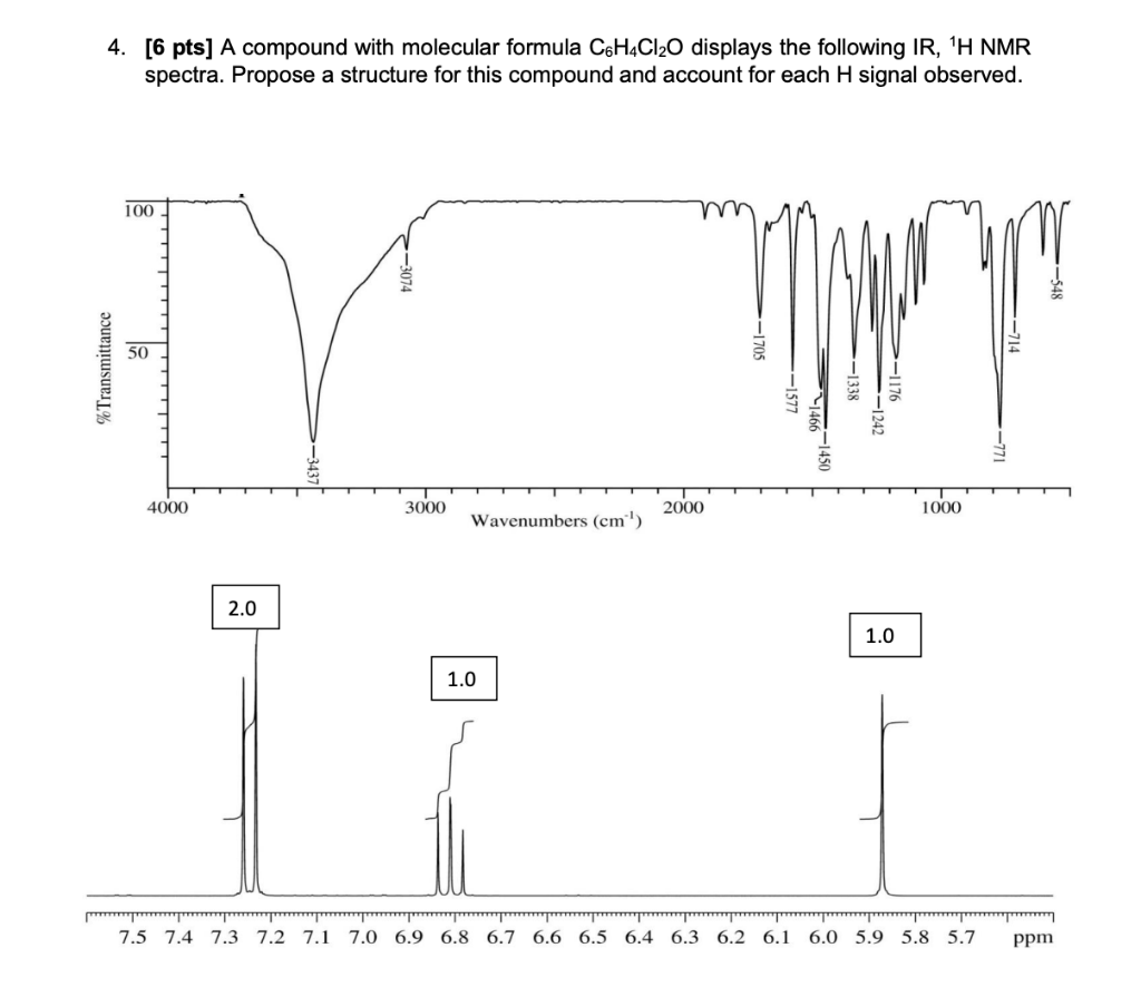 4 6 Pts A Compound With Molecular Formula C6h4cl O Displays The Following Ir H Nmr Spectra Propose A Structure For 1