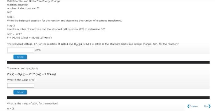 Cell Potential And Gibbs Free Energy Change Reaction Equation Number Of Electrons And E Ag Step 1 Write The Balanced Equ 1