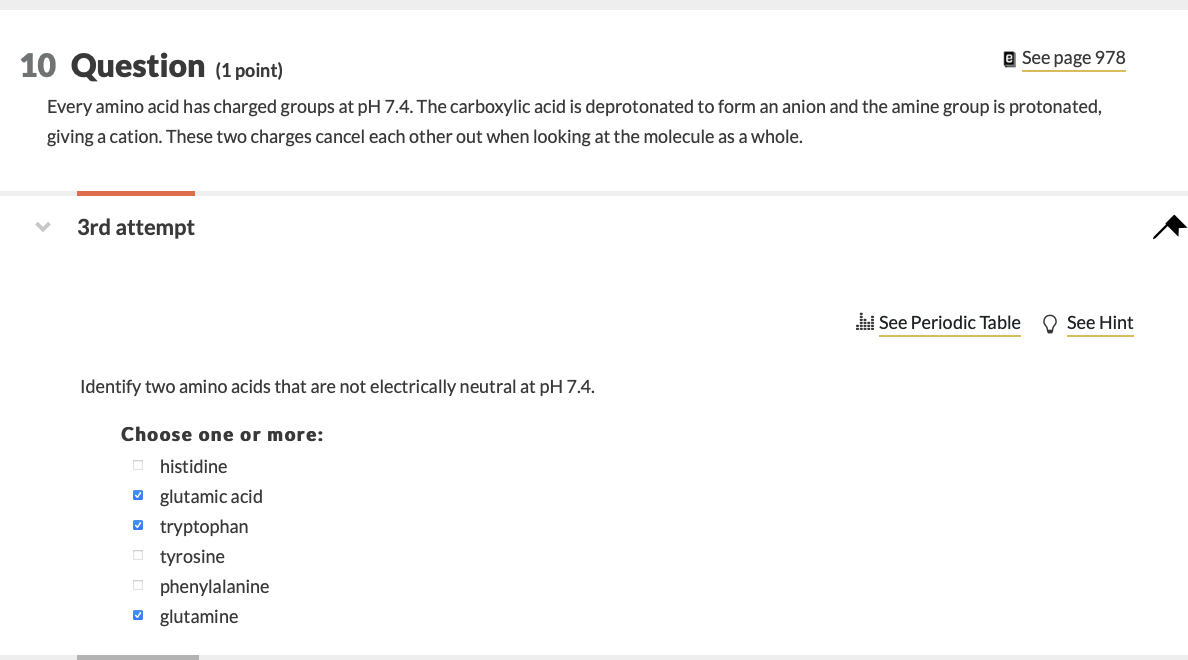 E See Page 978 10 Question 1 Point Every Amino Acid Has Charged Groups At Ph 7 4 The Carboxylic Acid Is Deprotonated 1