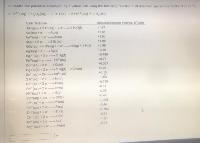 Calculate The Potential Developed By A Voltaic Cell Using The Following Reaction If All Dissolved Species Are 0 012 M At 1