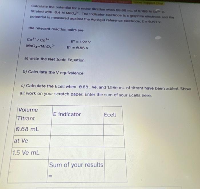 Calculate The Potential For A Redox Titration When 56 66 Ml Of 6 160 M Co To Titrated With 08 4 M Mno The Indicator El 1