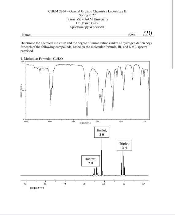 Chem 2204 General Organic Chemistry Laboratory Ii Spring 2022 Prairie View A M University Dr Marco Giles Spectroscopy W 1