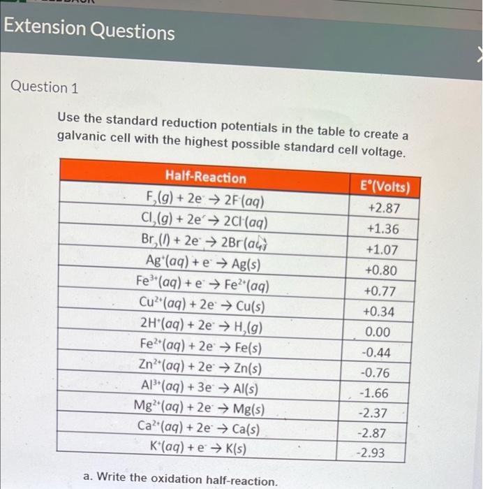 Extension Questions Question 1 Use The Standard Reduction Potentials In The Table To Create A Galvanic Cell With The Hig 1