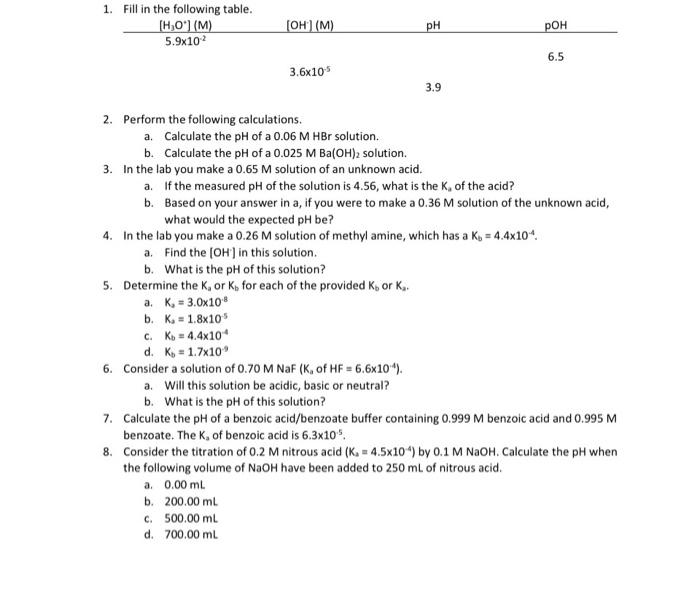 1 Fill In The Following Table H O M 5 9x10 Oh M Poh 6 5 3 6x10 5 2 Perform The Following Calculations A Ca 2