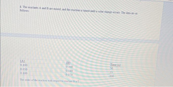 8 The Reactants A And B Are Mixed And The Reaction Is Timed Until A Color Change Occurs The Data Are As Follows A 1
