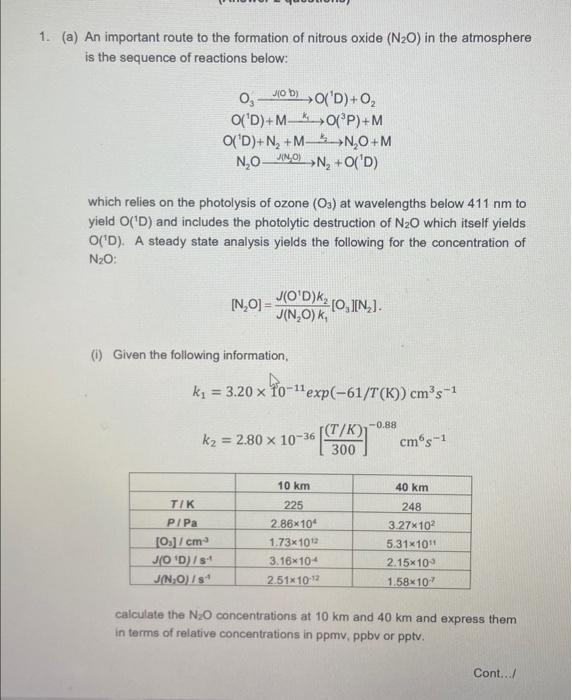 1 A An Important Route To The Formation Of Nitrous Oxide N20 In The Atmosphere Is The Sequence Of Reactions Below 2