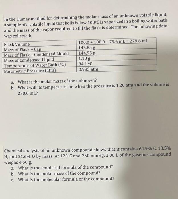 In The Dumas Method For Determining The Molar Mass Of An Unknown Volatile Liquid A Sample Of A Volatile Liquid That Boi 1