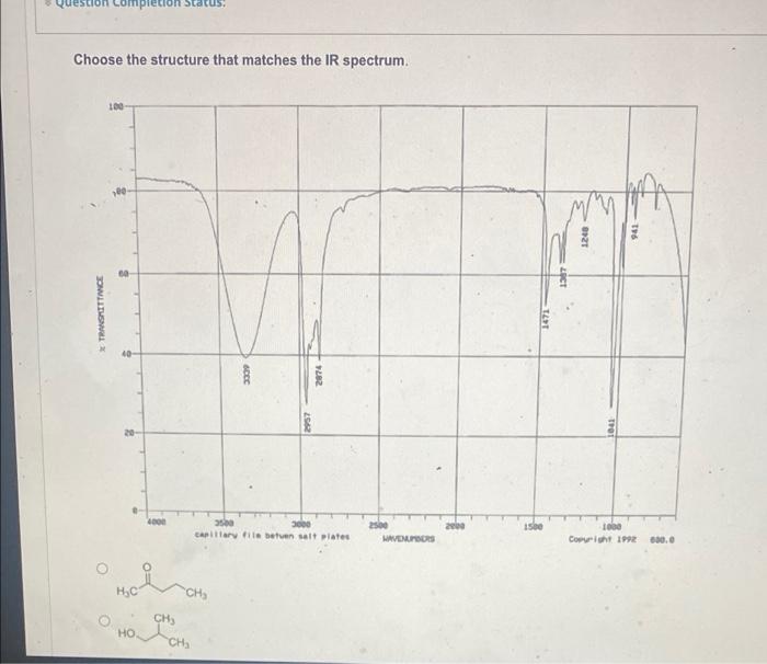 Pletion Choose The Structure That Matches The Ir Spectrum 100 Transmittance Ho Ch Ch 3339 2074 2562 3500 3000 Capil 1