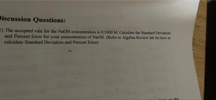 Iscussion Questions O The Accepted Vale For The Naoh Concentration Is 0 1000 M Calculate The Standard Deviation And Pe 4