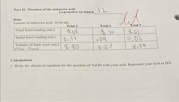 12 Unknown Number Trial 1 9 08 Part Ii Titration Of The Unknown Acid Data Volume Of Unknown Acid 10 00 Ml Final Buret 1