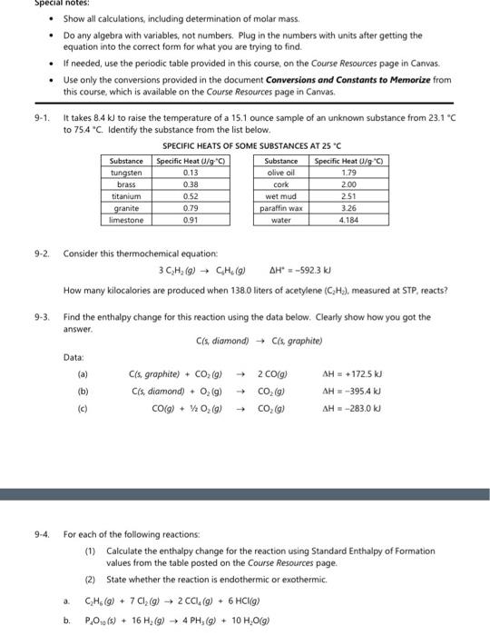 Special Notes Show All Calculations Including Determination Of Molar Mass Do Any Algebra With Variables Not Numb 1