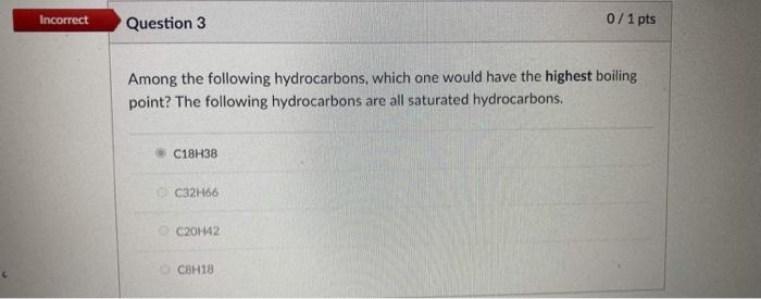 Which Of The Following Is Hydrocarbon Molecules Select All That Apply C4h8 Ch4 C6h206 H20 Incorrect Question 3 0 1 Pt 2