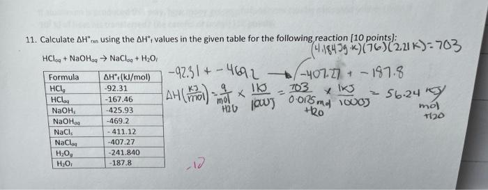 11 Calculate Ah N Using The Ah Values In The Given Table For The Following Reaction 10 Points Hclog Naohaq Naclo 1