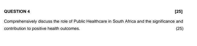Question 4 25 Comprehensively Discuss The Role Of Public Healthcare In South Africa And The Significance And Contribut 1