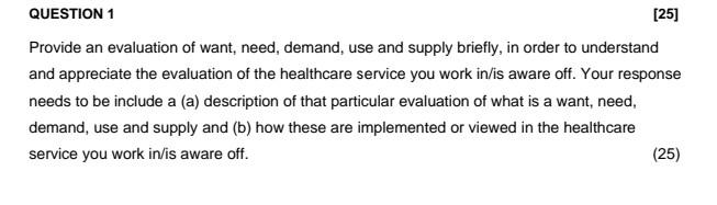 Question 1 25 Provide An Evaluation Of Want Need Demand Use And Supply Briefly In Order To Understand And Apprecia 1