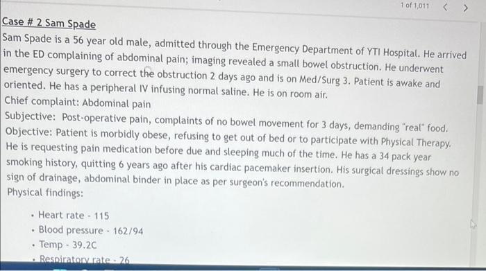 1 Of 1 011 Case 2 Sam Spade Sam Spade Is A 56 Year Old Male Admitted Through The Emergency Department Of Yti Hospital 1