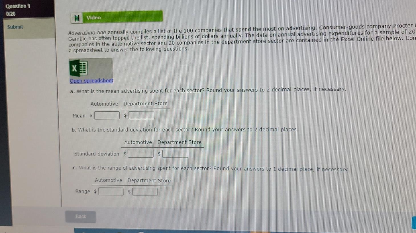 Question 1 0 20 Video Submit Advertising Age Annually Compiles A List Of The 100 Companies That Spend The Most On Advert 1