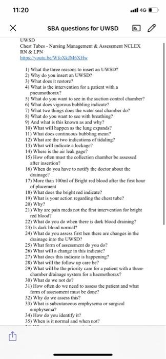 11 20 Ll 4g Sba Questions For Uwsd Uwsd Chest Tubes Nursing Management Assessment Nclex Rn Lpn Https Youtu Be Wf 1