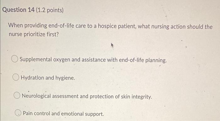 Question 14 1 2 Points When Providing End Of Life Care To A Hospice Patient What Nursing Action Should The Nurse Prio 1