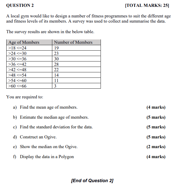 Question 2 Total Marks 25 A Local Gym Would Like To Design A Number Of Fitness Programmes To Suit The Different Age A 1