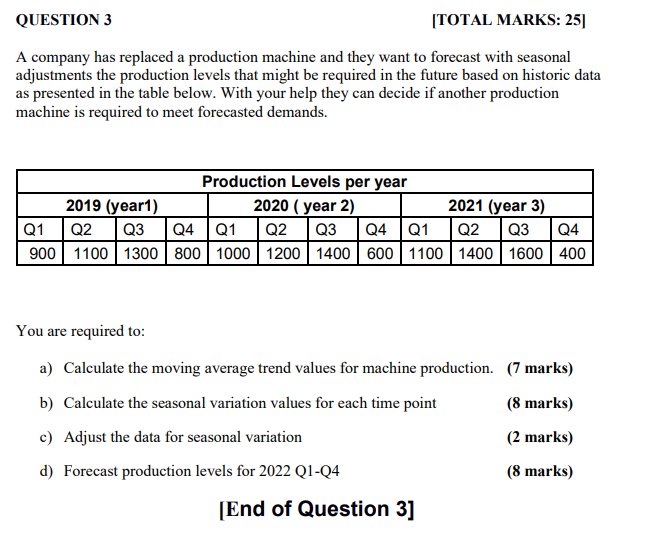 Question 3 Total Marks 25 A Company Has Replaced A Production Machine And They Want To Forecast With Seasonal Adjustm 1