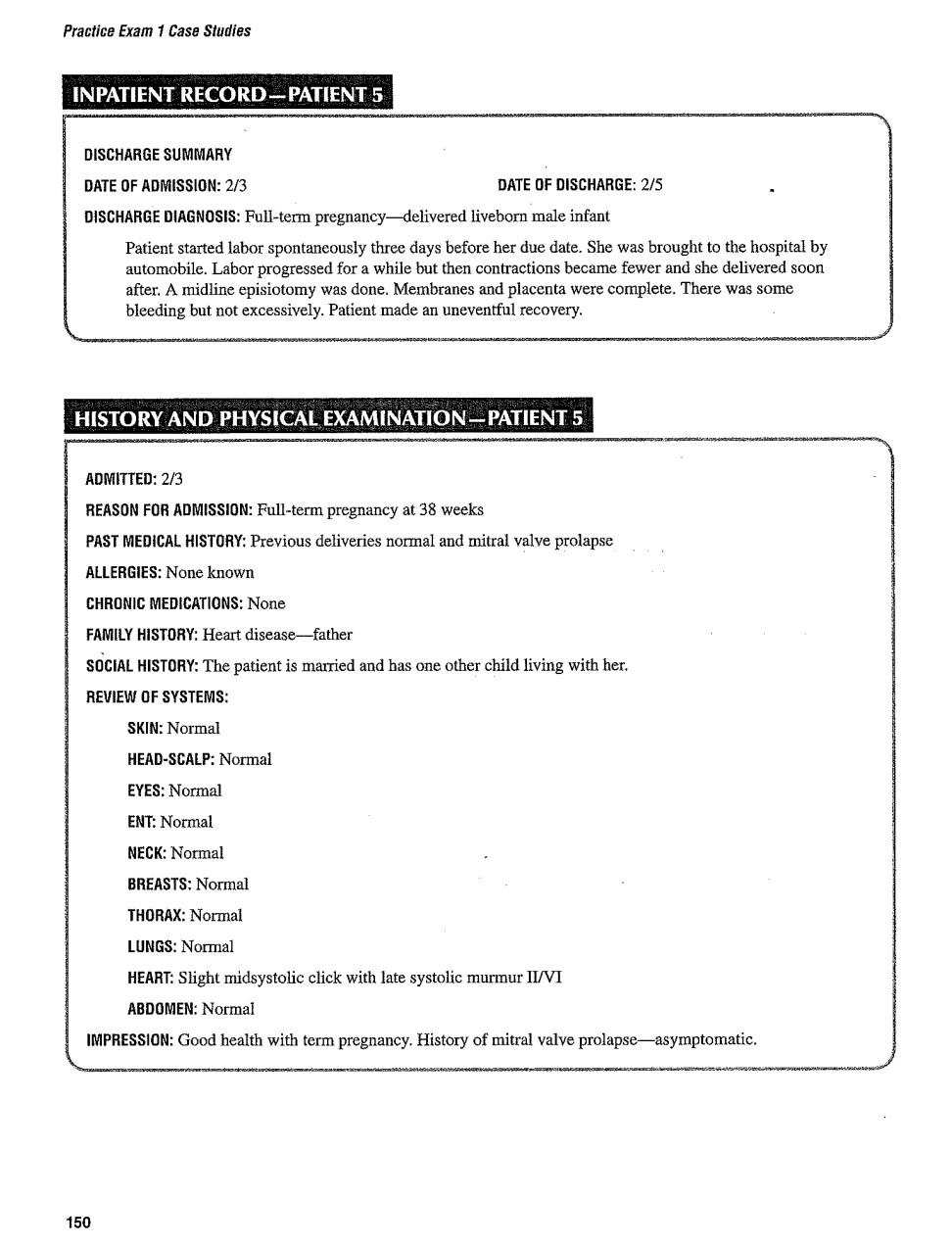 Practice Exam 1 Case Studies Inpatient Record Patient 5 Discharge Summary Date Of Admission 2 3 Date Of Discharge 2 5 1