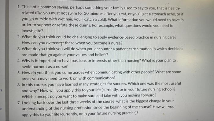 S D 1 Think Of A Common Saying Perhaps Something Your Family Used To Say To You That Is Health Related Like You Mus 1