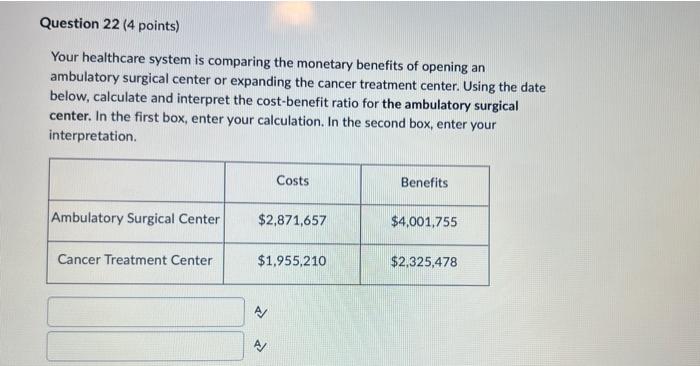 Question 22 4 Points Your Healthcare System Is Comparing The Monetary Benefits Of Opening An Ambulatory Surgical Cente 1