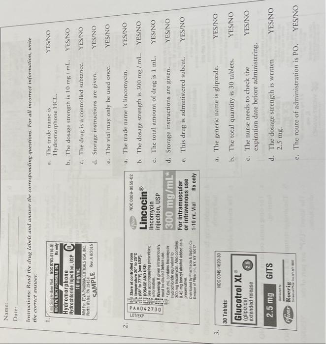 N Name Date Instructions Read The Drug Labels And Answer The Corresponding Questions For All Incorrect Information 2