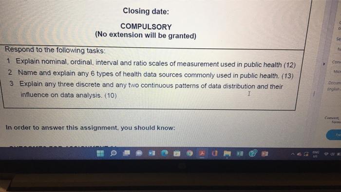 Closing Date Compulsory No Extension Will Be Granted Respond To The Following Tasks 1 Explain Nominal Ordinal Inte 1