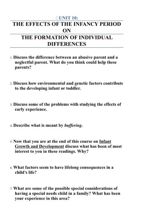 Unit 10 The Effects Of The Infancy Period On The Formation Of Individual Differences 1 Discuss The Difference Between 1