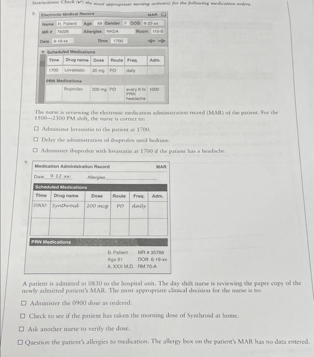 Instructions Check The Most Appropriate Nursing Action S For The Following Medication Orders 80 Electronic Medical Re 1
