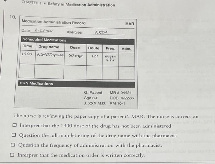 Chapter 1 Safety In Medication Administration Medication Administration Record Date 8 13 Xx Allergies Nkda Scheduled Med 1