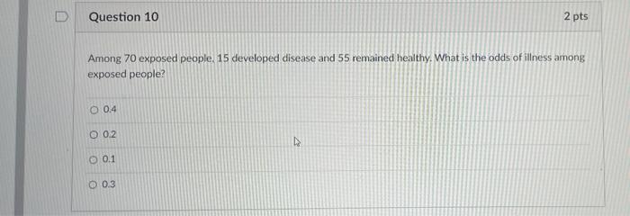 Question 10 2 Pts Among 70 Exposed People 15 Developed Disease And 55 Remained Healthy What Is The Odds Of Illness Amo 1