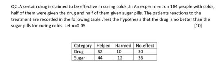 Q2 A Certain Drug Is Claimed To Be Effective In Curing Colds In An Experiment On 184 People With Colds Half Of Them Wer 1