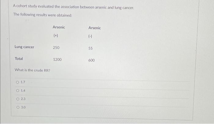 A Cohort Study Evaluated The Association Between Arsenic And Lung Cancer The Following Results Were Obtained Arsenic A 1