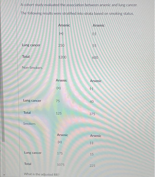 A Cohort Study Evaluated The Association Between Arsenic And Lung Cancer The Following Results Were Stratified Into Str 1