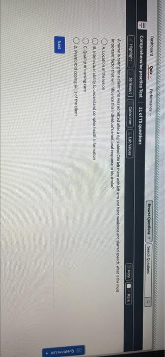 Dashboard Quiz Performance Browse Questions Search Questions Ill Comprehensive Practice Test 11 Of 75 Questions Highlig 1