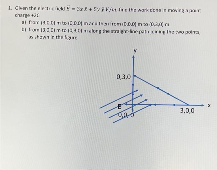 1 Given The Electric Field E 3x 5y 9 V M Find The Work Done In Moving A Point Charge 2c A From 3 0 0 M To 0 0 1