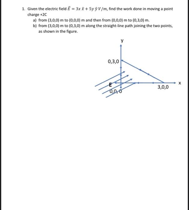 1 Given The Electric Field E 3x 5y Y V M Find The Work Done In Moving A Point Charge 2c A From 3 0 0 M To 0 0 1