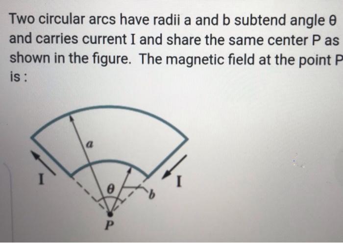 Two Circular Arcs Have Radii A And B Subtend Angle E And Carries Current I And Share The Same Center P As Shown In The F 1