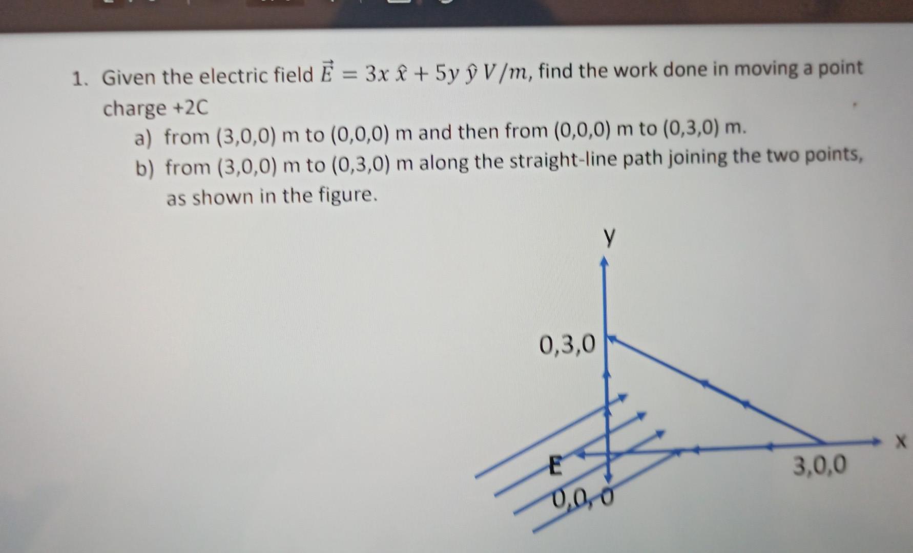 1 Given The Electric Field E 3x 5y9 V M Find The Work Done In Moving A Point Charge 2c A From 3 0 0 M To 0 0 1