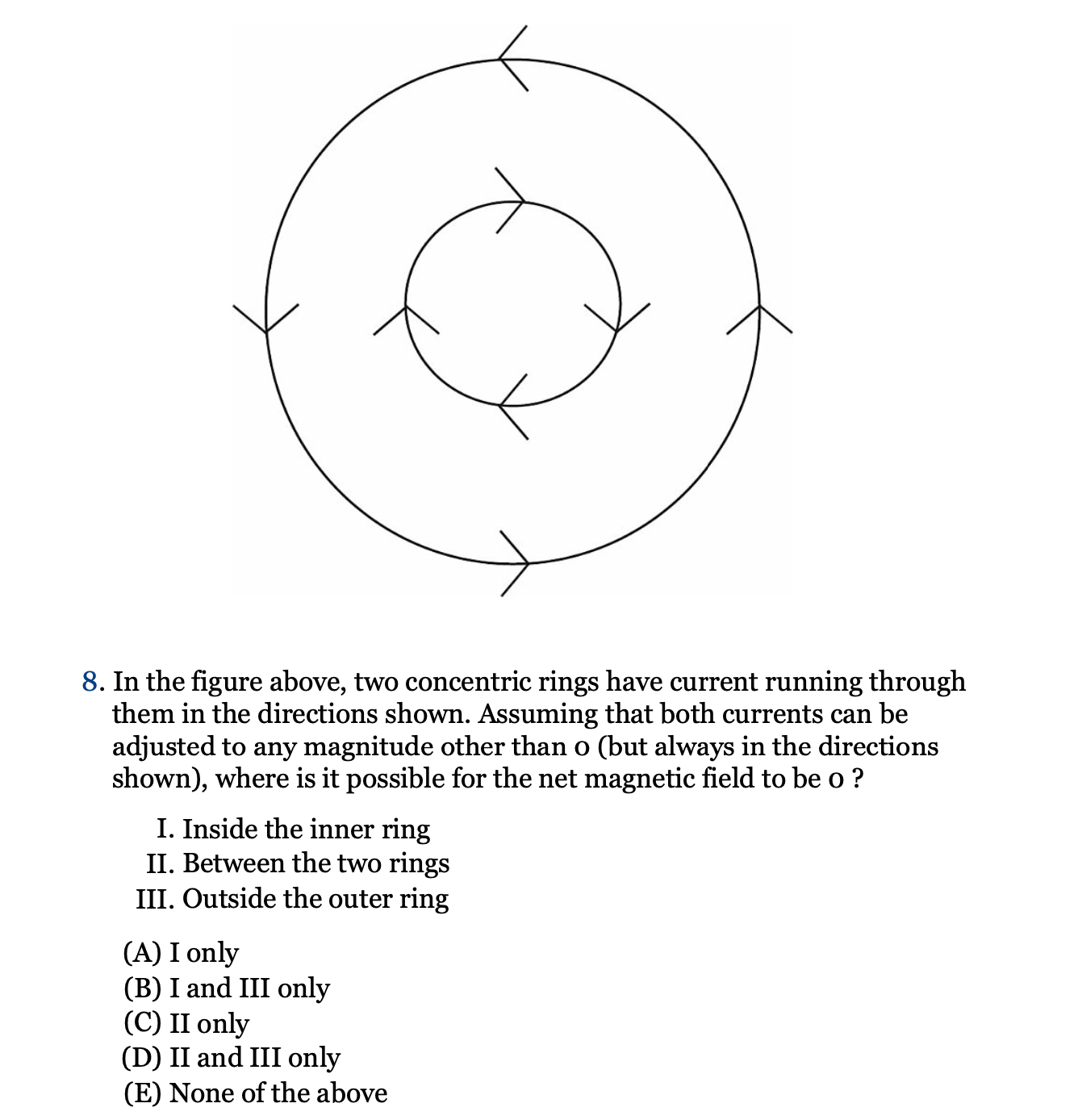 Q 8 In The Figure Above Two Concentric Rings Have Current Running Through Them In The Directions Shown Assuming That 1