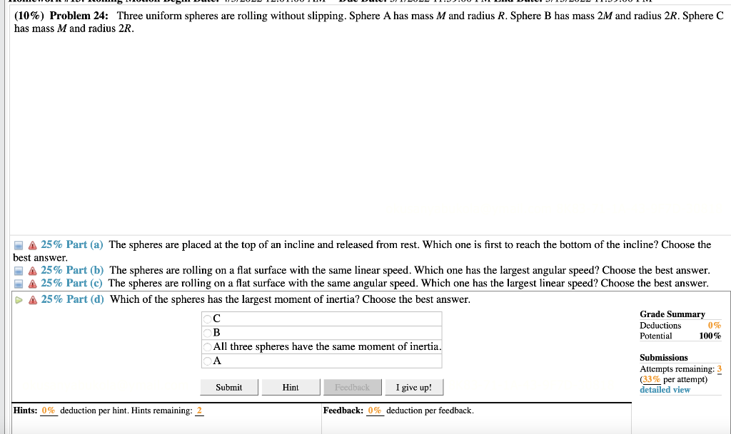 10 Problem 24 Three Uniform Spheres Are Rolling Without Slipping Sphere A Has Mass M And Radius R Sphere B Has Mas 1