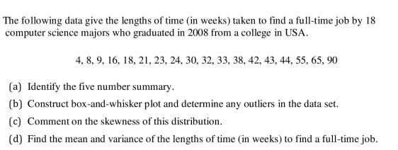 The Following Data Give The Lengths Of Time In Weeks Taken To Find A Full Time Job By 18 Computer Science Majors Who Gr 1