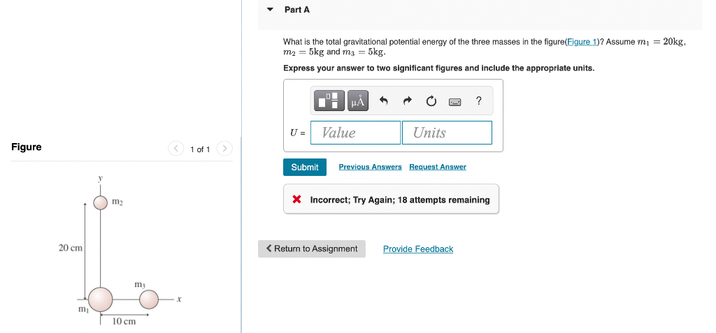 Figure 20 Cm M M3 10 Cm 1 Of 1 Part A What Is The Total Gravitational Potential Energy Of The Three Masses In The F 1
